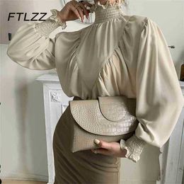 Elegant Women Lantern Sleeve Blouse Spring Autumn Ruffles Turtleneck Shirts Ladies Korean Loose Blouses Fall 210525