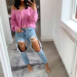 Sweety Colours Ladies Cardigan Coat Solid V-neck Knitting Single Breasted Loose Tops Casual Daily Streetwear Female 210517