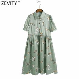 Zevity Women Vintage Animal Print Pleats Kneeth Dress Female Short Sleeve Casual Summer Vestidos Chic Retro Clothing DS8375 210603