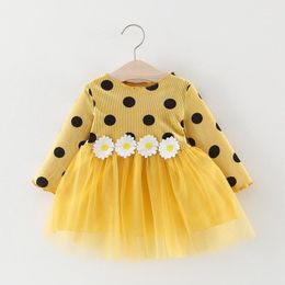 Girl's Dresses Baby Girl Long Sleeve Polka Dot Waist Daisy Flower Mesh Dress Costume