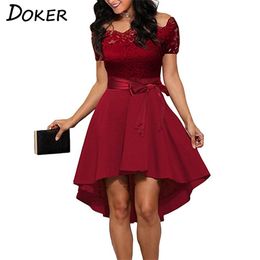 Elegant Red Lace Dres Patchwork Slash Neck Short Sleeve Sashes Tunic Summer Ladies Sexy Evening Party es 220215