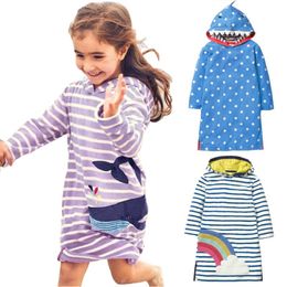 Hooded Baby Girl One-piece Dress Whale Shark Children Dresses Autumn Girls Hoodies Clothes Kids Blouse Outfit Stripe Sweater Top 210413