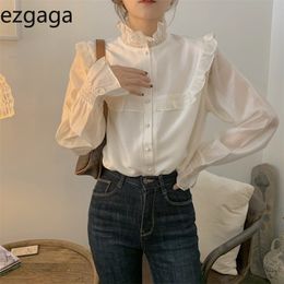 Ezgaga Undefined Women Blouse Ruffled Korean Spring Chic Long Flare Sleeve Loose Button Solid Elegant Shirts Office Lady Blusas 210430