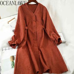 V Neck Bandage Solid Chic Vintage Women Dress Autumn Winter Vestidos Korean Style Robes Loose 17767 210415