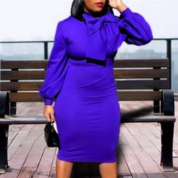 Women Bodycon Dress Long Sleeves High Waist with Bowtie Collar Elegant Office Ladies Classy Female Modest Work Wear Afraican 210416