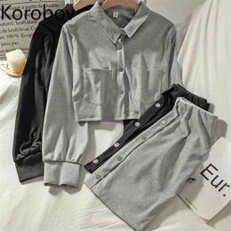 Korobov Women Sets Korean Knit Cardigans and High Waist Skirts Women Two Pieces Outfits Vintage OL Button Sweatsuits 210430