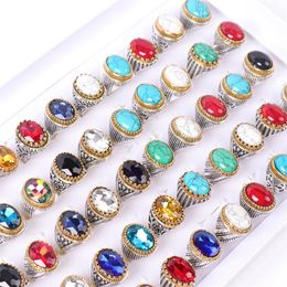 20Pcs/lot Vintage Colorful Glass Turquoise Silver Plated Rings For Women Men Mix Style Fashion Jewelry Party Gifts