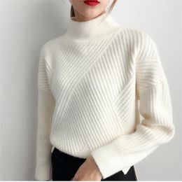 H.SA Women Winter Sweater Pullovers Vertical Solid Knit Pull Jumpers Beige Warm Thick Turtleneck Femme 210417