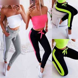 Women Pencil Pants High Waist Sport Patchwork Workout Gym Fitness Running Stretch Trousers Sportswear Drawstring Skinny Clothing 210522