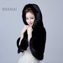 Wraps & Jackets SHAMAI Black High Quality Winter Faux Fur Bridal Jacket Warm Boleros Luxurious Wedding Bride Cape Wrap With Hat