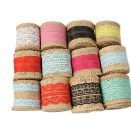 2021 6cm Width Natural Burlap with Colorful Lace Ribbon Jute Roll DIY Wedding Decoration Craft gift Wrapping + DHL Free