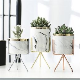 Nordic Ceramic Iron Art Vase Marble Pattern Rose Gold Silver Tabletop Green Plant Pot Home Office Vases Decorative 211215