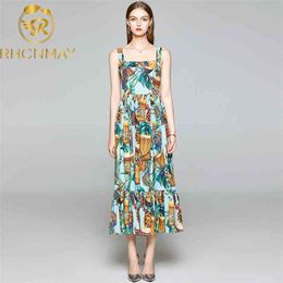 Fashion Runway Summer Beach Holiday Spaghetti Strap Long Dresses Women's Vintage Pattern Print Ruffles Dress 210506