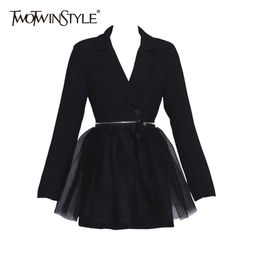 TWOTWINSTYLE Ball Gown Black Dress Women V Neck Long Sleeve High Waist Mini Dresses For Female Autumn Fashion Clothing 210517