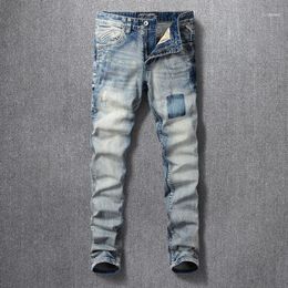 Men's Jeans Italian Style Fashion Men Retro Blue Slim Fit Distressed Ripped Denim Trousers High Quality Vintage Designer Cotton Pants1