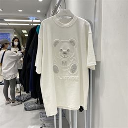 T-shirt Women's Short Sleeve Plus Size Summer Bear Half Top Loose Mid-length Tshirt Diamonds Graphic Tee 210720