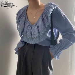 Ruffled V-neck Lace Shirt Women Korean Sweet Long Sleeve Tops and Blouse Office Lady Style Flare Top Female 13976 210427