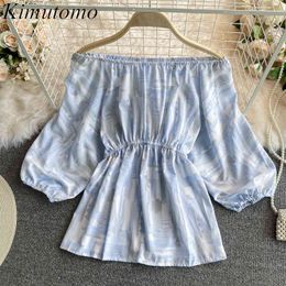 Kimutomo Slash Neck Off Shoulder Shirt Women Summer Print Slim High Waist Thin Short Puff Sleeve Blouse Elegant Femme 210521