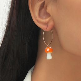 Cute Ceramic Mushroom Pendant Hoop Earrings For Women Girls Fashion Gold Color Stainless Steel Circle Earring Jewelry Gifts
