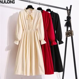 Dress for Women's Autumn Winter Flare Sleeve Stand Collar Solid Receive Waist Bow Chiffon Mid Calf Dresses Female 210514