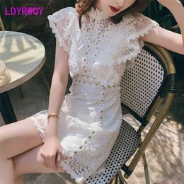 LDYRWQY Japanese style white lady temperament short lace flower dress Office Polyester Sheath Sleeveless Zippers 210416