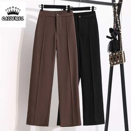 Women Chic Office Wear Straight Pants Vintage High Waist Slit Ladies Trousers Plus Size Baggy Korean Autumn Wide Leg 211115