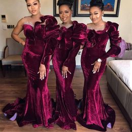 Burgundy Velvet Mermaid Bridesmaid Dresses Sheer Neck Long Sleeve Sweep Train Beads Ruched Wedding Guest Party Gowns Maid of Honour Dress Customzied
