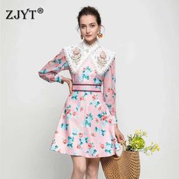 Europe Style Fashion Spring Runway Embroidery Lace Collar Print Dress Women Elegant Long Sleeve Sweet Party Robe Vestidos 210601