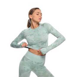 Yoga Set Women SeamlFitnClothing Yoga Sport Long Sleeves Tops Camouflage Gym Leggings Workout Sportswear 2 Piece Set X0629
