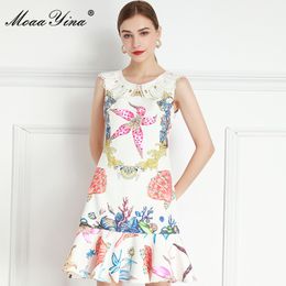 Fashion Designer dress Summer Women's Dress Long sleeve Beaded Crystal Conch Shell Starfish Print Dresses 210524
