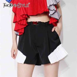 Casual Ruffle Patchwork Short For Women High Waist Loose Hit Color Shorts Female Fashion Clothing Summer 210521