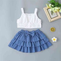 Girls Clothes Sets For Kids Cute Jacquard Fabric Strap White Tops Multi Layer Bow Denim Skirt Summer 210629