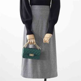 Autumn and Winter Slim High Waist Houndstooth Mid-length A-line Skirt Split Elastic Woolen Women HK153 210507