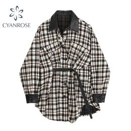 Autumn Tweed Stitching Pu Leather Plaid Jacket For Women Streetwear Lapel Single-breasted Woollen Coat With Belt Female 211104