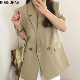 Korejpaa Women Jackets Summer French Simple Suit Collar Chic Two Buttons Loose Solid Color All-Match Casual Cardigan Jacket 210526