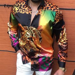 Fashion Leopard Print Long Sleeve Shirts For Men Button Turn-down Collar Shirt Autumn Men's Slim Tops Casual Streetwear 220215
