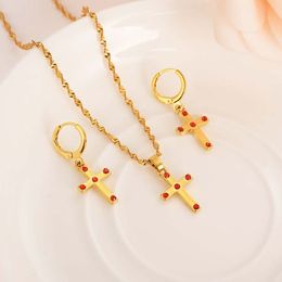 african Jewelry Sets Solid gold Pendant Necklace crystal CZ Cross redzircon For Women Chain girls kids party