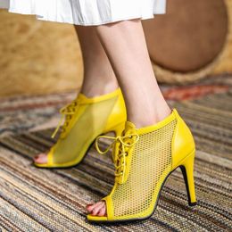 Sandals Summer Fashion Female Hollow Cross Tied Fish Mouth Shoes Lady Casual Cone-Shaped Heel Women Black White Yellow Red