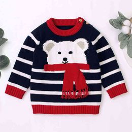 Autumn Winter Boy Girl Long Sleeve Cartoon Sea Bear Knitted Sweater Boys Girls Sweaters For Kids Stripe Clothes 210429