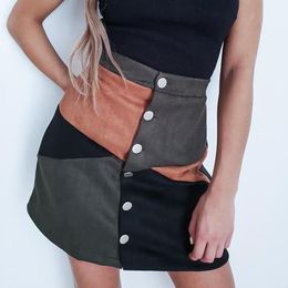 Skirts Retro Suede Women Skirt Fashion Patchwork Vintage Short Summer Spring High Waist Casual With Button