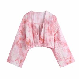V-neck Tie-dye Print Pullover Loose Women's Shirt Summer Long Sleeve Anti-Sai Breathable Holiday Female Tops 210507