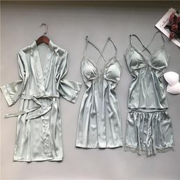 Women's Sleepwear Summer Nightwear 4PCS Sleep Set Homewear Satin Lace Women Home Clothing Robe Intimate Lingerie Gray