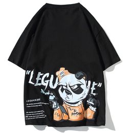 Summer Hip Hop Cotton T Shirt Men Japanese Loose Black Panda T-shirt Short Sleeve High Streetwear Tops Size 3XL 210707
