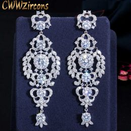 Luxury Cubic Zirconia Long Chandelier Drop Silver Wedding Earring for Women Bridal Party Costume Jewellery CZ651 210714