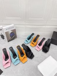 Pleated hand woven back empty slippers high heel square toe sandal cross technology with various color matching