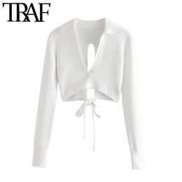 TRAF Women Sexy Fashion Deep V Neck Cropped Knit Sweater Vintage Backless With Bow Tied Female Pullovers Chic Tops 211011