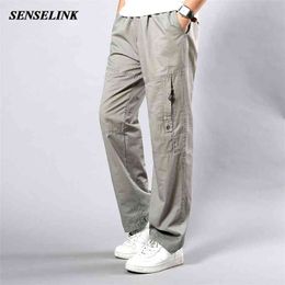 Men Summer Light Grey Straight Leg Pants Casual Multi-Pocket Cotton Khaki Wide Plus Size Cargo M-5Xl 210715