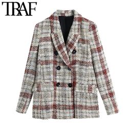TRAF Women Fashion Double Breasted Cheque Tweed Blazer Coat Vintage Long Sleeve Pockets Female Outerwear Chic Tops 210415