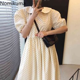 Nomikuma Korean Summer Chic Hit Colour Dot Woman Dress Puff Short Sleeve Peter Pan Collar Vestidos Femme High Waist Dresses 6H273 210427