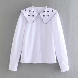 Summer Women Floral Embroidery Peter Pan Collar White Blouse Female Long Sleeve Shirt Office Lady Loose Tops Blusas S8826 210430